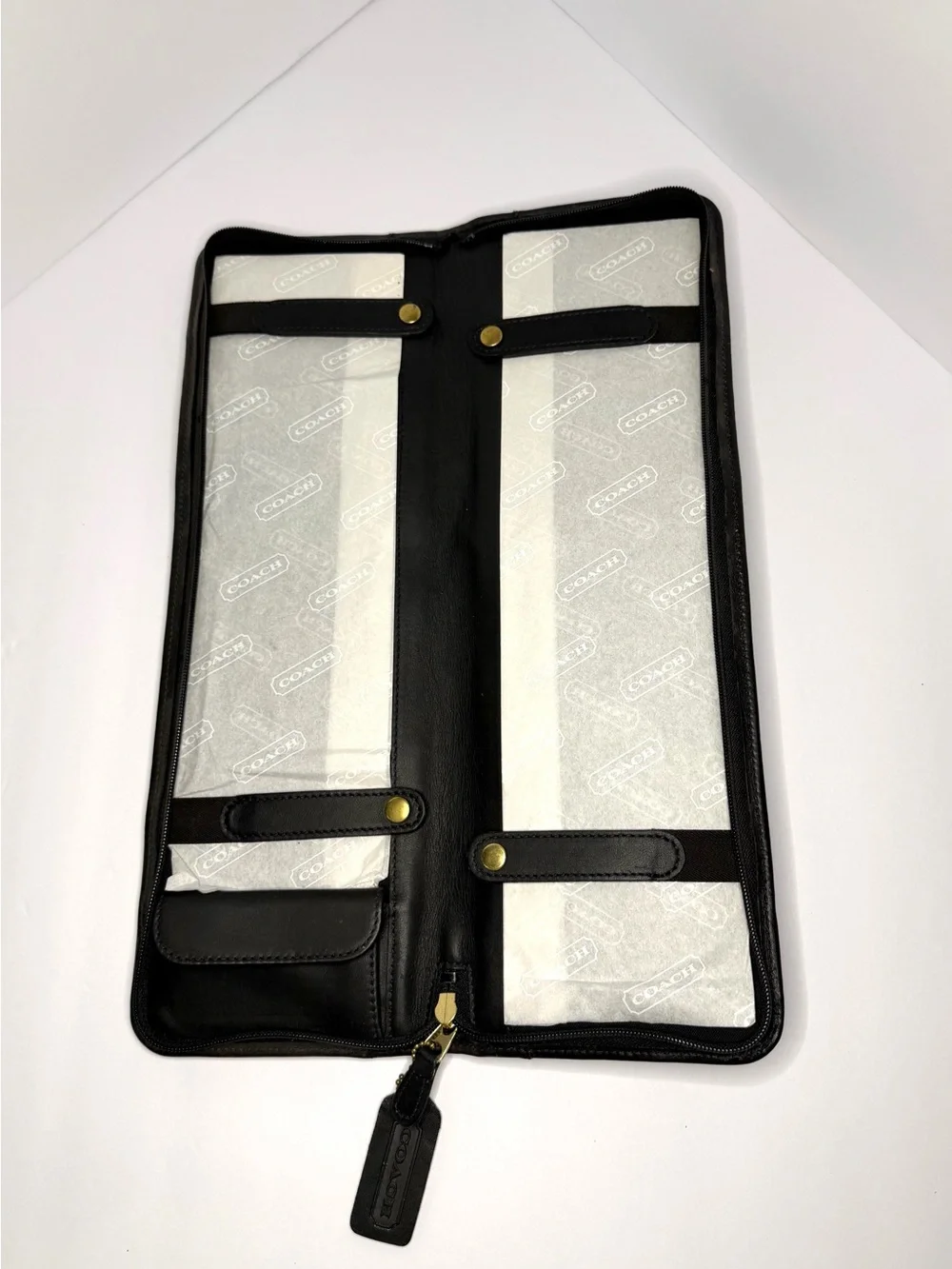 Coach Black Leather Travel Jewelry Roll with Brass Tag Chain
